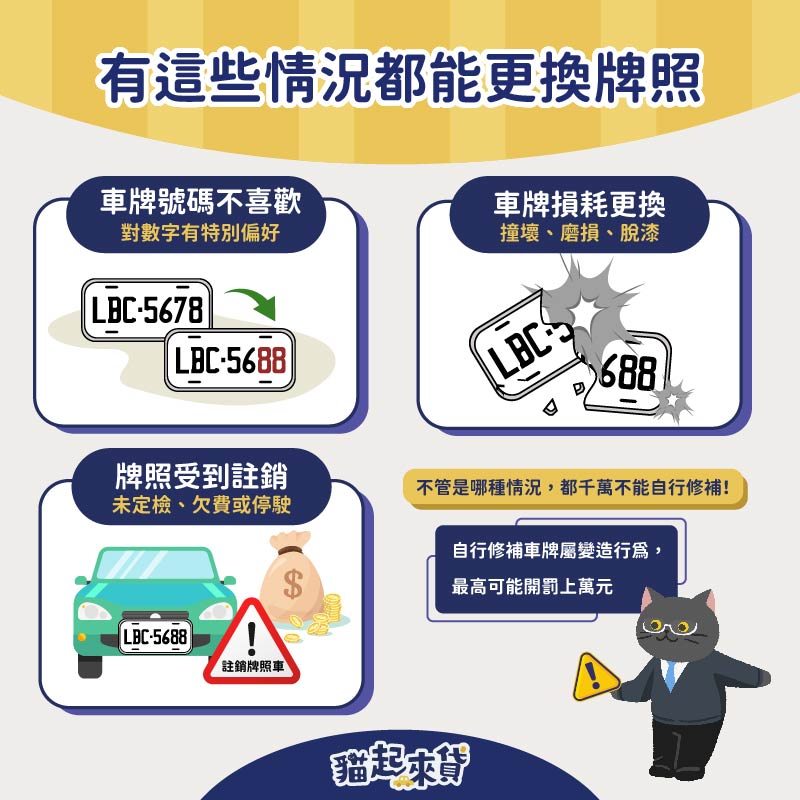 如果有車牌號碼不喜歡、耗損需要更換，或是牌照註銷時，都可以申請更換牌照。